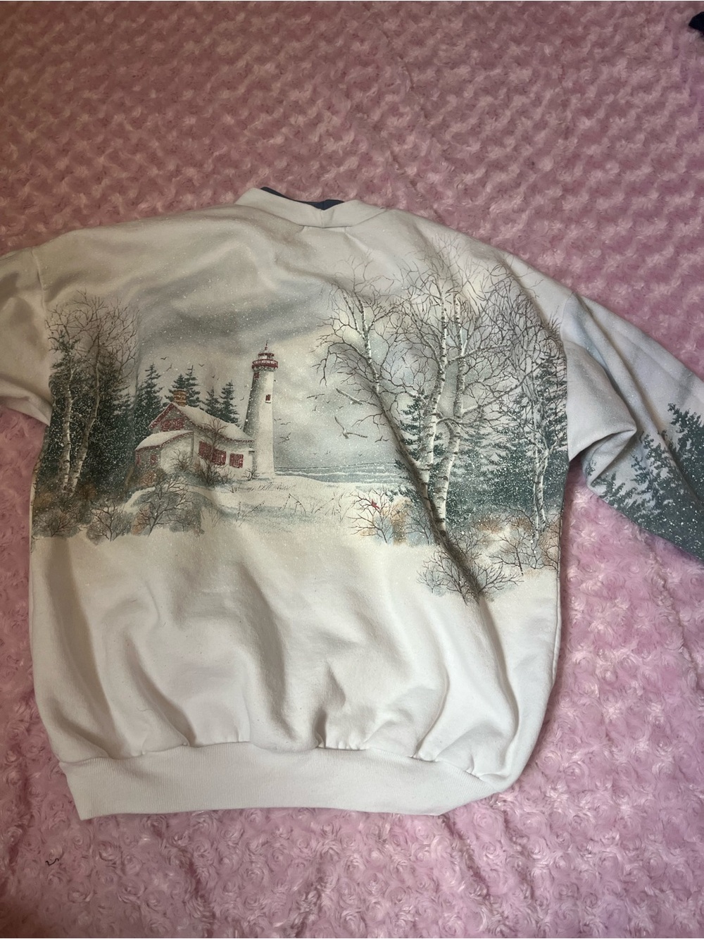 Vintage White Lighthouse Scenic Crewneck Sweater